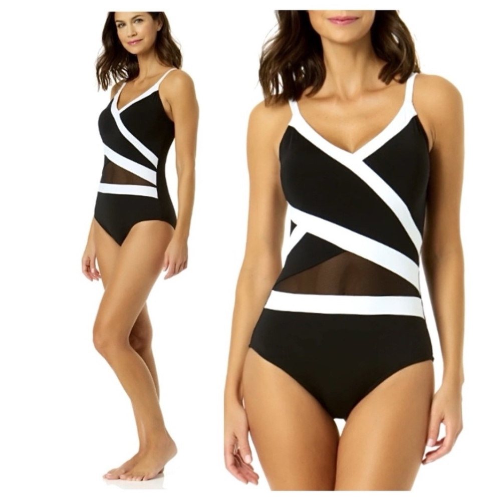 $122 Anne Cole Black and White One Piece Swimsuit Size 16W New
